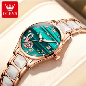 Olevs 3605 Luxury Rhinestone Ceramics Strap Quartz Watch