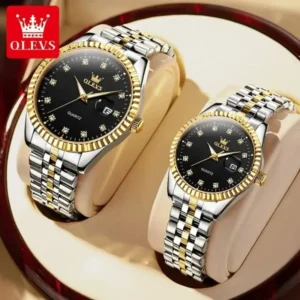 OLEVS 5526 High Quality Luxury Quartz Couple watch- Silver & Black