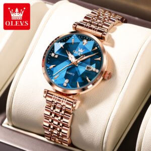 OLEVS 5536 Stainless Steel Diamond Shaped Waterproof Wrist Watch For Women - Rose Gold and Blue