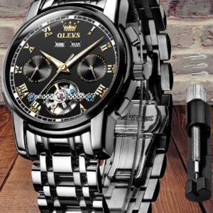 OLEVS Self Winding Watches for Men Tourbillon Automatic Mechanical Luxury Dress Black Face Black Stainless Steel Calendar Luminous Waterproof Wrist Watch